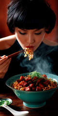 young Asian woman with black hair eating wok noodles with chopsticks and Shanghai-style braised pork, with reddish-brown sauce. Steam rises out 