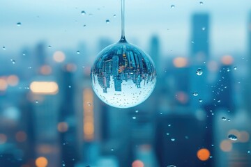 Raindrops cling to glass, mirroring a blurry cityscape within a suspended crystal sphere, creating a dreamlike, atmospheric vision.