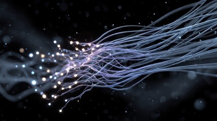 Fototapeta premium Abstract lines and glowing particles against a dark background create a sense of movement and energy. The soft, ethereal lines and points of light suggest connection, data transfer.