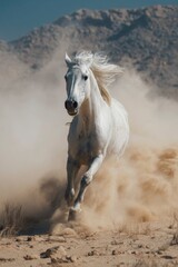 Obraz premium A white horse gallops through a dusty landscape its mane flowing in the wind raising a cloud of dust