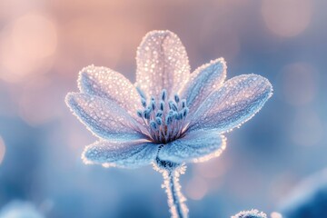 A delicate, frosted flower stands out against a soft, dreamy blue and pink bokeh background. It's a magical winter scene.
