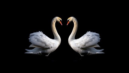 Two white swans forming a heart shape on black background love and romance concept art