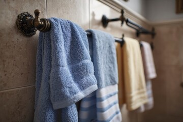 Blue towels hang from an ornate metal rack in a tiled bathroom
