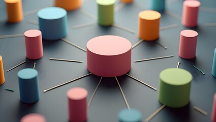Network connection concept with colorful cylinders connected by lines abstract design