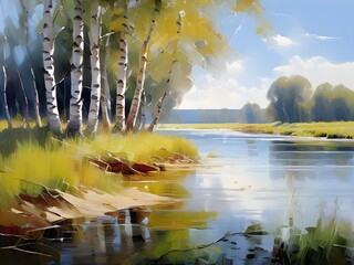 Summer landscape with lake by lush birch forest and vibrant greenery. Artwork