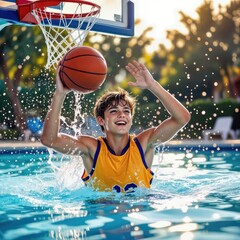 A young boy joyfully plays basketball in a swimming pool, splashing water everywhere  