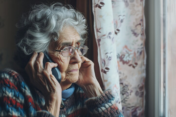 Vulnerable senior woman talking on the phone to a scammer. AI fraud phone scam. Vulnerable lonely elderly pensioner using mobile. Artificial intelligence scamming. Bank fraud, fraudster victim