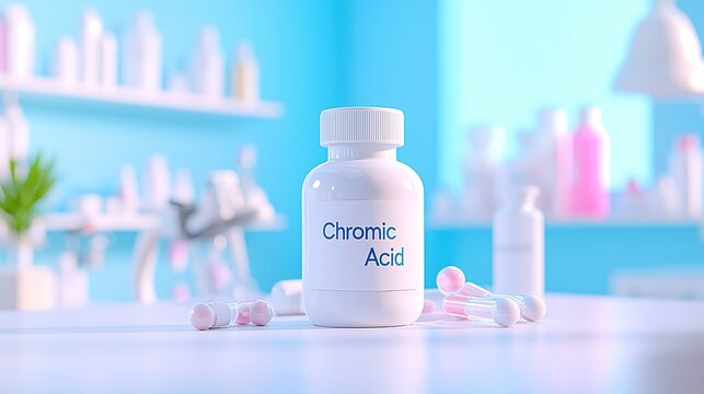 A close-up of a white bottle labeled 'Chromic Acid,' surrounded by laboratory equipment in a bright, modern lab setting.