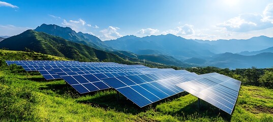 Expansive Solar Energy Farm Stretching Across Open Land With Distant Mountain Range Forming A Scenic Background View