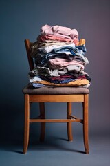 Clothes pile high on a wooden chair with a cushioned seat set against a gradient background