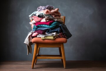 Clothing piled high on a chair in front of a mottled grey backdrop