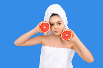 Teenager skin care. Fresh morning skincare for teen. Grapefruit for fresh skin. Citrus powered...