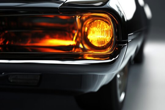 Fototapeta Close up on a black vintage car with headlight on, shining brightly with a distinctive pattern.