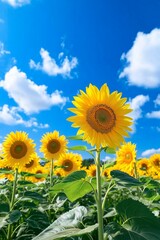 Bright sunflower field under blue sky on sunny summer day