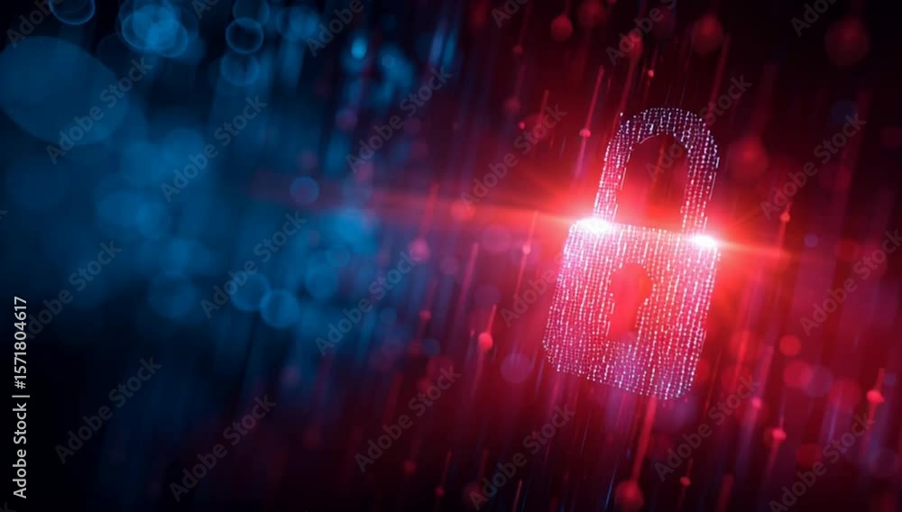 Poster abstract digital security concept with a glowing padlock symbol on a blurred background of a cyber n