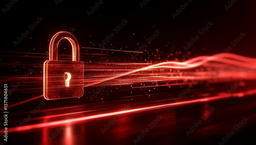 Poster digital security concept with a padlock and data flow in motion on a dark background, with a red lig