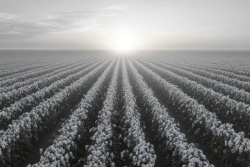 Monochromatic landscape shows rows of cotton plants stretching towards the horizon under a hazy, sunlit sky in a rural agricultural scene.