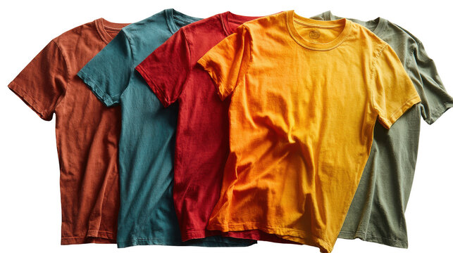 Five tshirts in assorted colors are neatly arranged isolated on transparent background