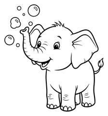 Obraz premium Cartoon Elephant Blowing Bubbles, Outlined Illustration