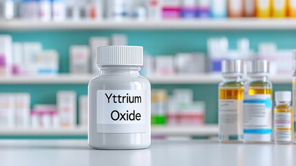 A white bottle labeled 'Yttrium Oxide' stands prominently on a table, surrounded by blurred pharmacy items.