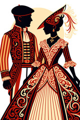 Obraz premium Stylized couple in traditional historical costumes with ornate patterns on white background, World Population Day concept