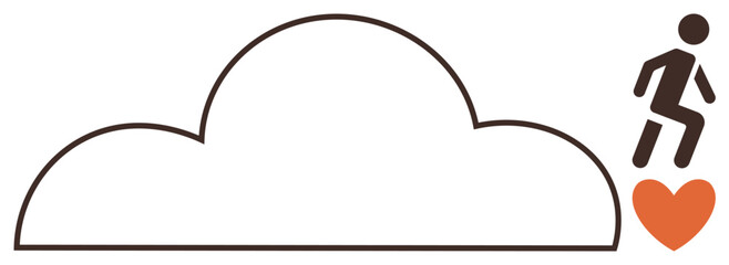 Simplified person jumping from orange heart onto cloud, symbolizing emotional balance, aspirations, positivity. Ideal for motivation, love, personal growth, mental health, well-being success simple