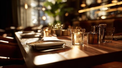 Elegant Dining Table Setting in Modern Restaurant with Wine Glasses and Floral Centerpiece, Warm Ambient Lighting, and Contemporary Decor for Upscale Dining Experience