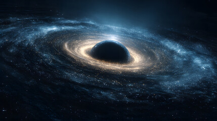 A stunning visualization of a black hole with a glowing accretion disk, surrounded by swirling cosmic dust and gas.
