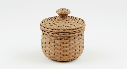 Small natural fiber basket with lid on white background.