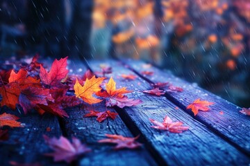 Autumn leaves rest on a wooden surface while rain falls, creating a beautiful and serene scene.