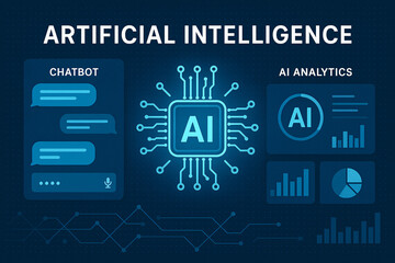 Overview of artificial intelligence applications including chatbot and analytics visuals in a modern digital context