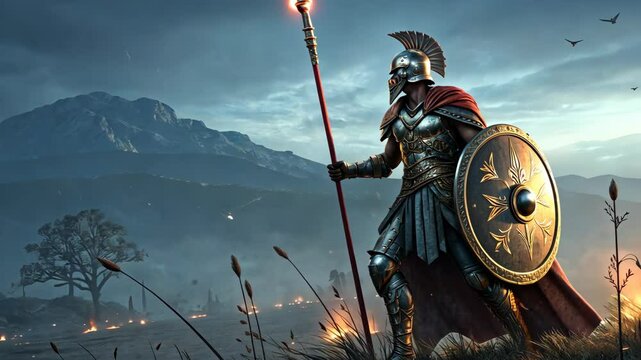 Ancient warrior in armor holding spear and shield on battlefield at dusk. High quality 4k footage