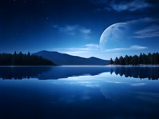 Night sky with large full moon over water.