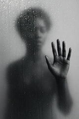 Silhouette of a woman behind a rain-covered glass panel with her hand raised, symbolizing quiet resilience, emotional confinement, and the longing to be seen.