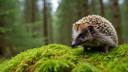 Hedgehog in the forest: close up of a cute european hedgehog on green mossy ground