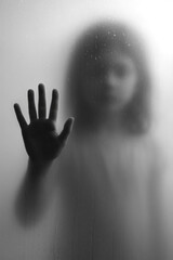 Silhouette of a young girl behind a misted glass panel with her hand pressed flat against it, symbolizing innocence, vulnerability, and emotional isolation.