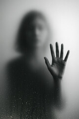 Silhouette of a person behind a foggy glass surface with their hand raised and pressed flat against the pane, symbolizing isolation, silence, and emotional distance.