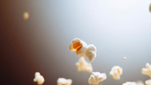 Blurred floating popcorn against a light backdrop