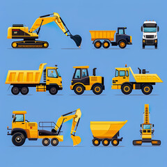 Composition of twelve icons of trucks and excavators with color accents on blue background Generated with AI
