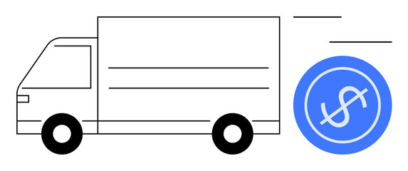 Delivery truck moving with a dollar coin, representing fast logistics, financial transactions, e-commerce, business growth, revenue, transportation, and efficiency through a simple flat metaphor
