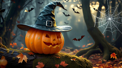 Photorealistic image of a large, bright orange Halloween pumpkin adorned with a pointed black witch's hat, complete with a wide brim and a silver buckle, set amidst a spooky forest backdrop at dusk