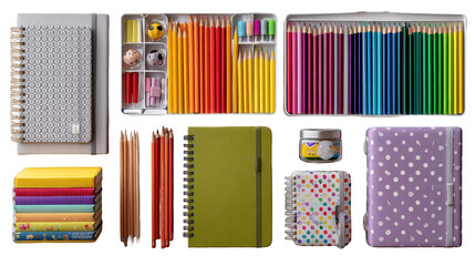 A vibrant collection of colorful stationery items isolated on transparent background