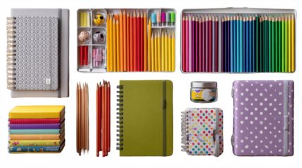A vibrant collection of colorful stationery items isolated on transparent background