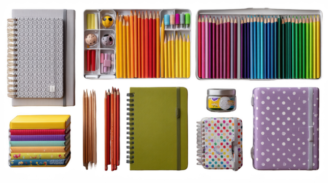 A vibrant collection of colorful stationery items isolated on transparent background