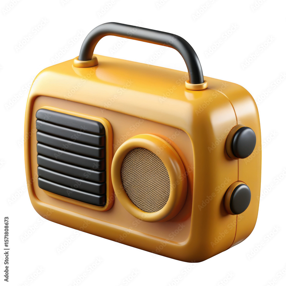Poster 3d retro yellow radio with handle isolated on transparent background