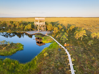 Aerial drone view of a mother walking along a wooden path through an Estonian bog to her daughter, who is waiting for her on a bench in the observation tower.
