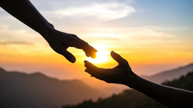 Reaching hands silhouette sunset