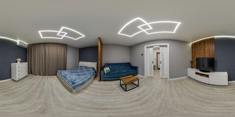 full seamless hdri 360 panorama in interior of guest living room hall in studio apartment with...