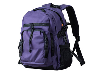 Purple backpack with multiple compartments and pockets isolated on transparent background