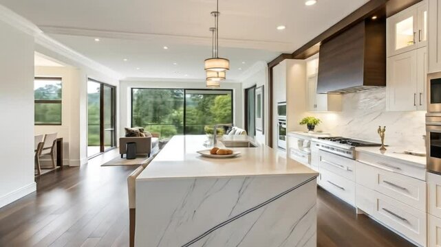 Open concept kitchen living room design with marble island countertops and hardwood flooring ideas